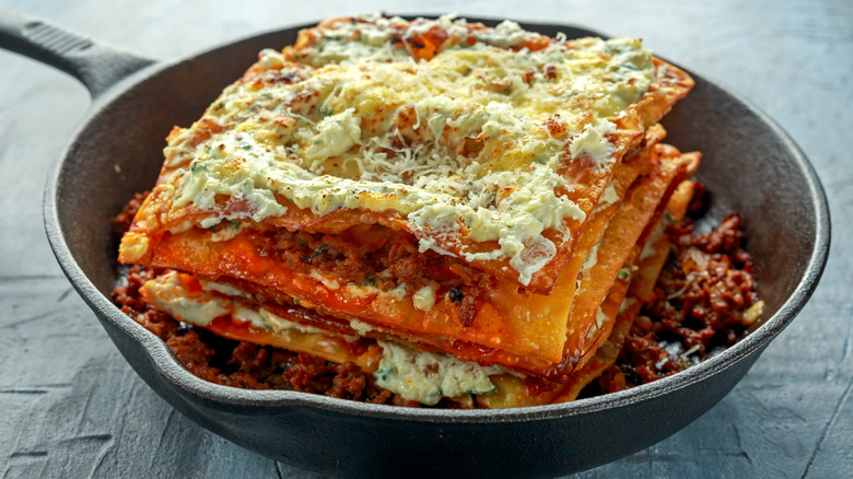 lasagna in cast iron skillet