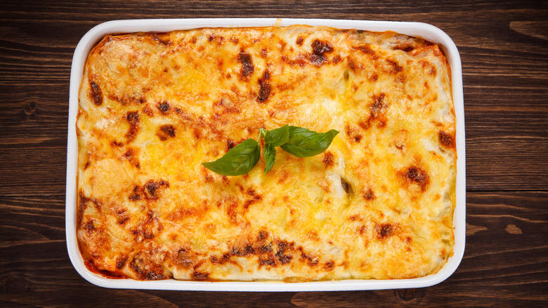 cooked lasagna in dish