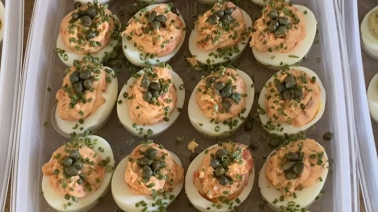 Deviled eggs with salmon and capers