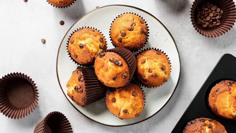 An overhead view of chocolate chip muffins on a plate