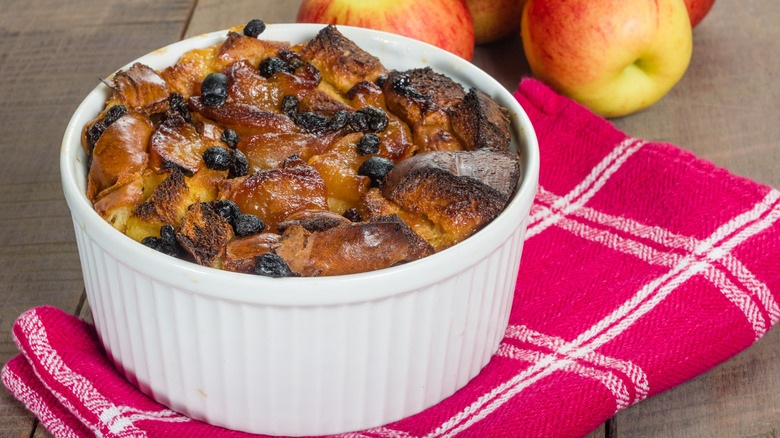 Dark bread pudding in ramekin