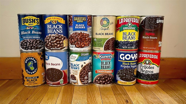 Assorted cans of black beans