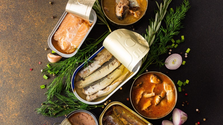 Various cans of opened tinned fish with fresh dill and rosemary