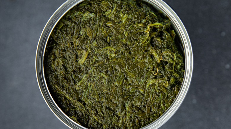 Open can of densely packed spinach