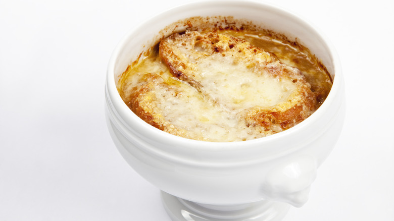 White bowl french onion soup 