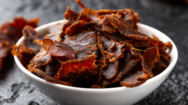 Beef jerky in bowl