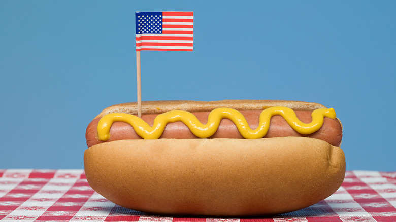 mustard hot dog with flag