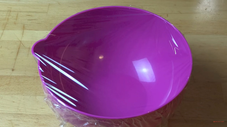 plastic wrap-lined mixing bowl