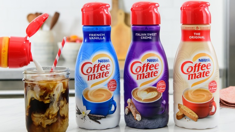 Coffee mate products in line on counter