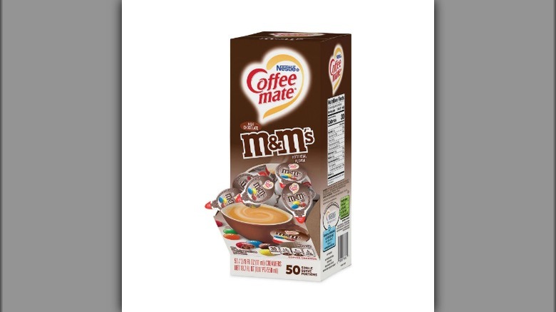 Box with individual cups of M&M creamer