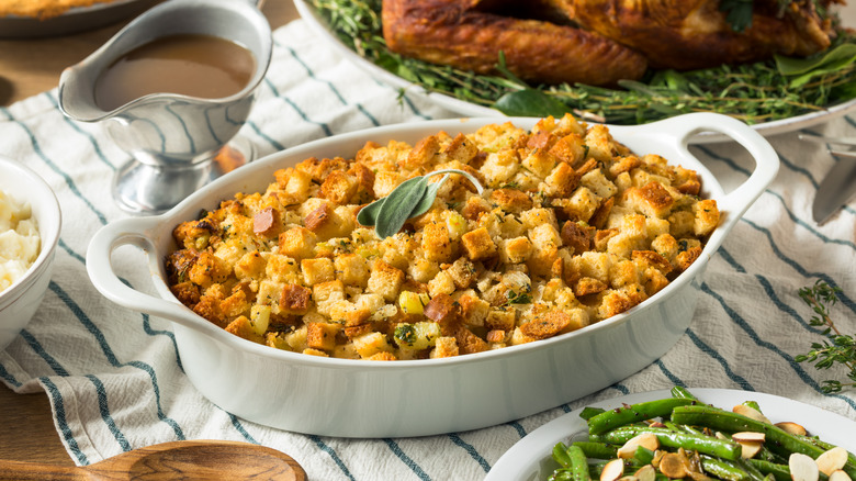 Stuffing in white serving dish