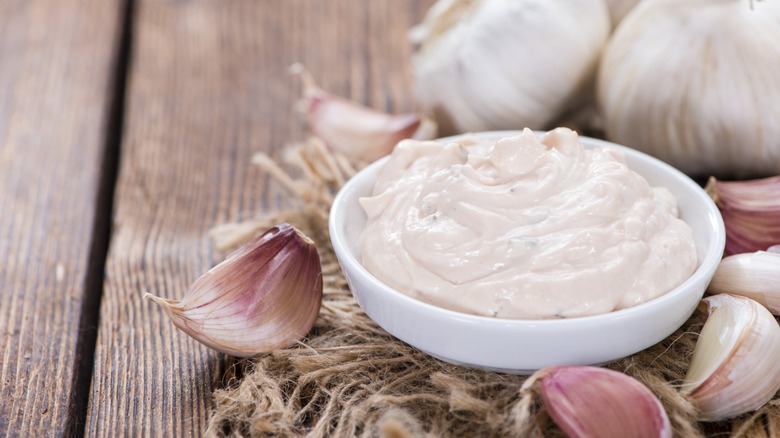 aioli in bowl with garlic