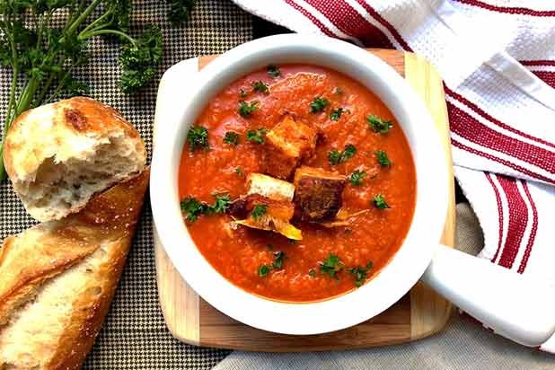 Tomato Soup with Grilled Cheese and Bacon Croutons Recipe