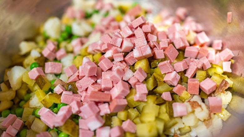 Chopped ingredients for bologna salad