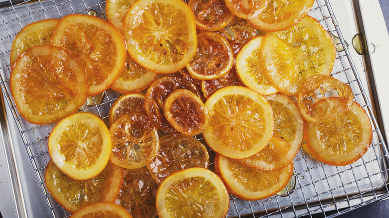 some candied orange slices on a rack