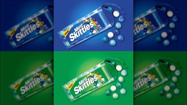 two bottles of Skittles mints on a blue background