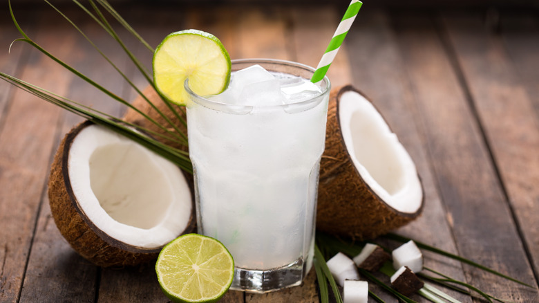 coconut water with halved coconut