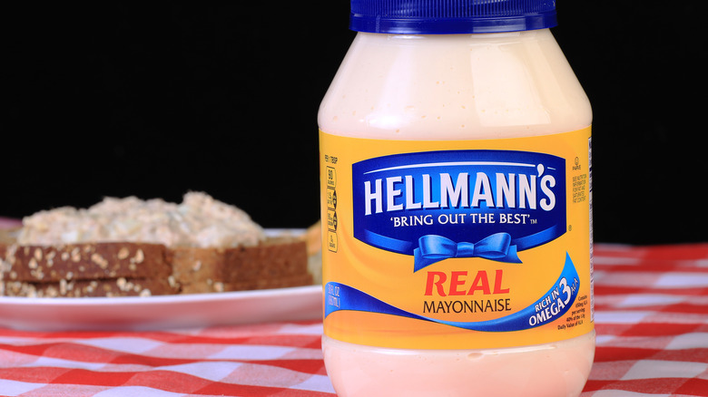 Hellmann's Mayonnaise jar on table