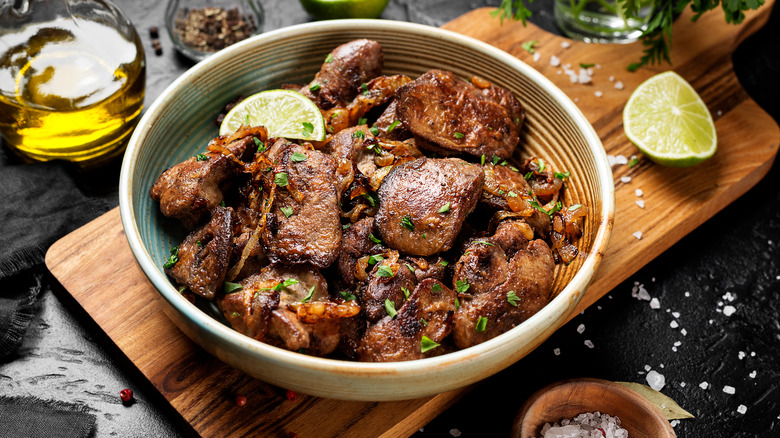 Cooked liver in large bowl