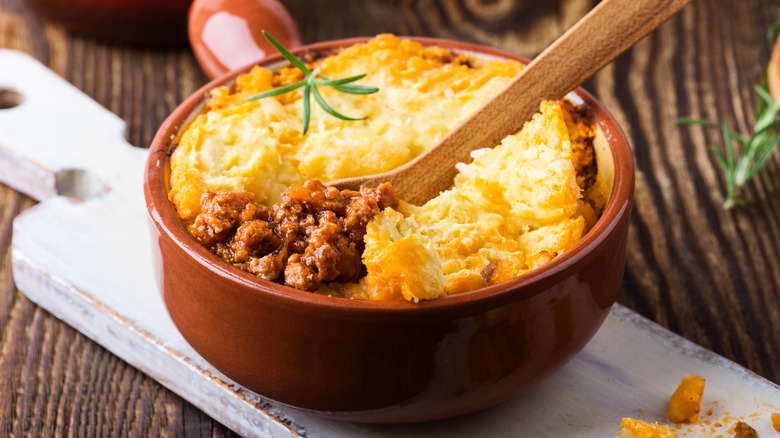 clay bowl of cottage pie