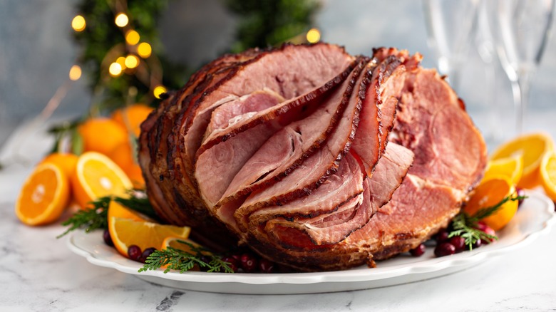 a sliced Christmas ham