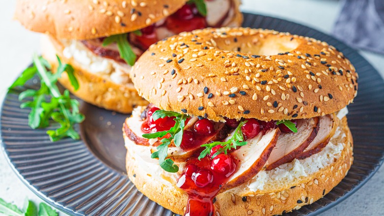 Thanksgiving turkey sandwich on a bagel