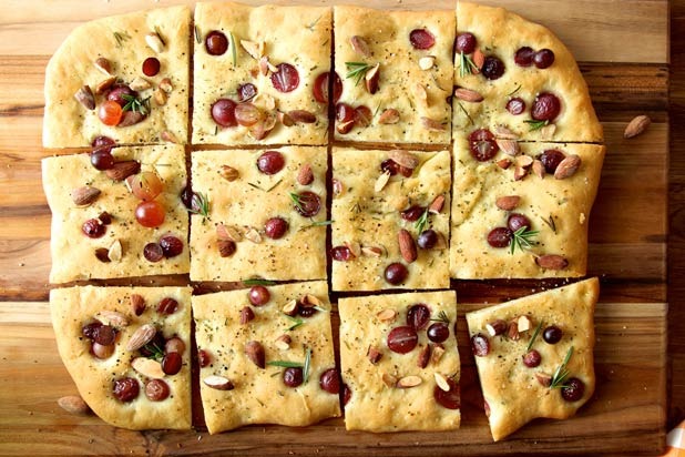 Roasted Almond Foccacia Bread with Grapes and Rosemary