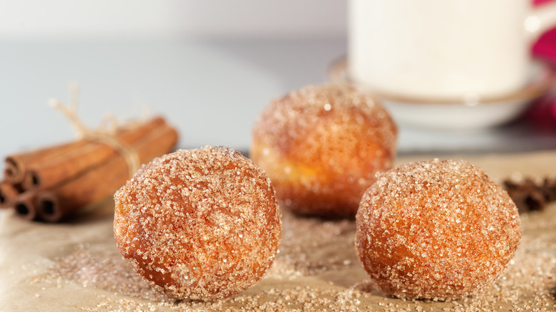 Close-up of cinnamon sugar donut balls