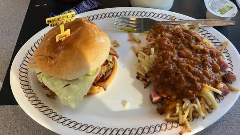 Waffle House 1/4 pound angus burger and hash browns