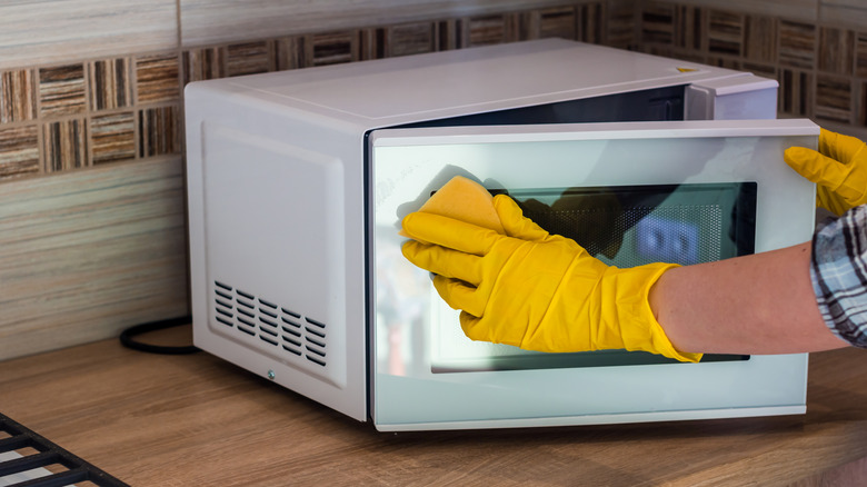 person cleaning microwave door