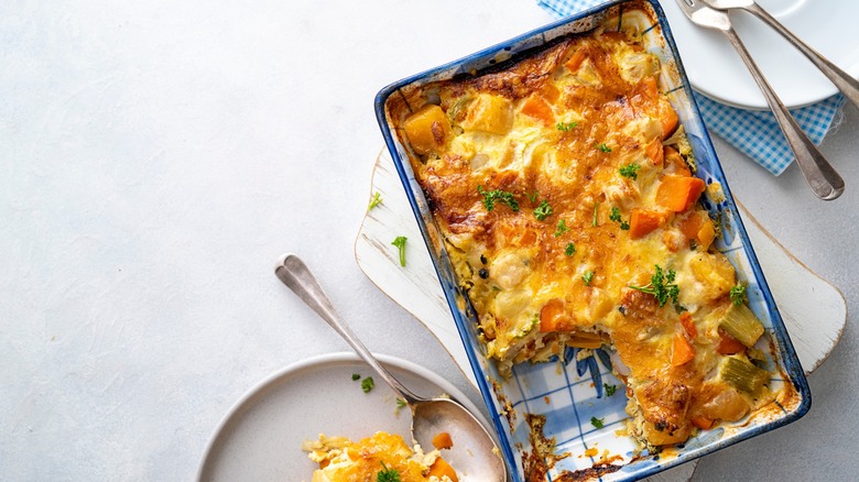 loaded casserole in tray