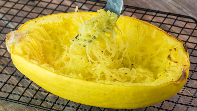 Roasted spaghetti squash on wire rack