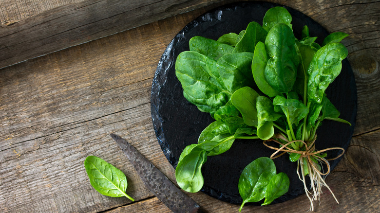 Baby spinach on stone plate