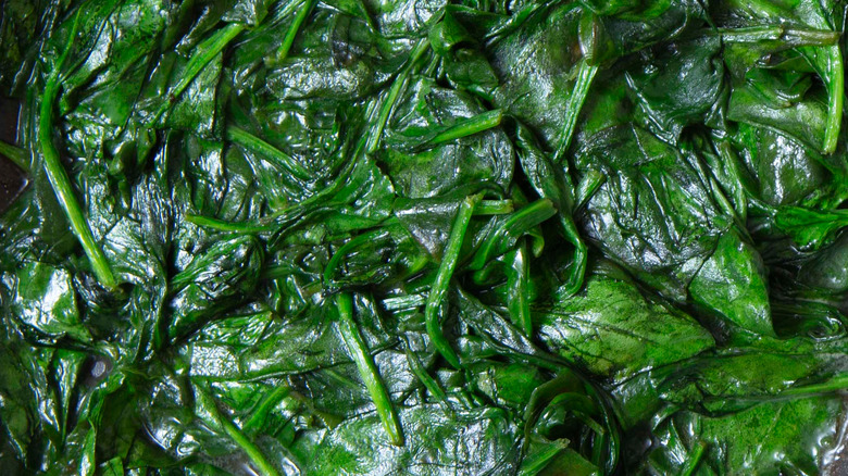 Closeup of steamed spinach leaves