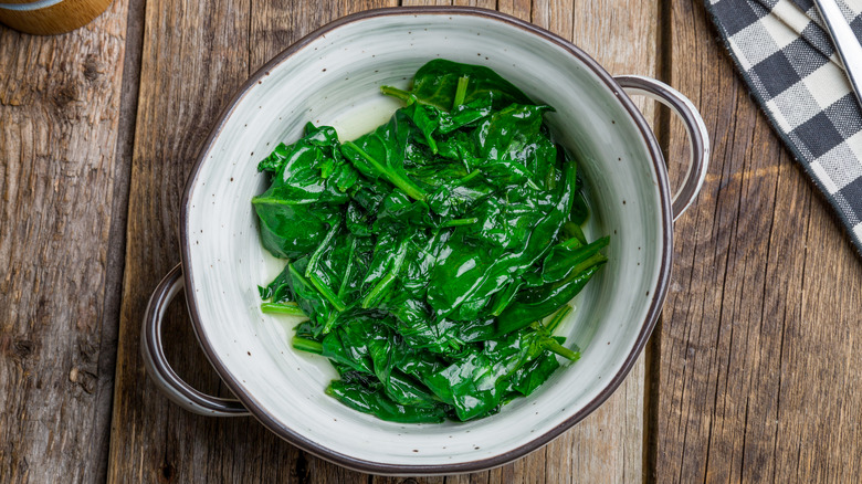 Pot of cooked spinach