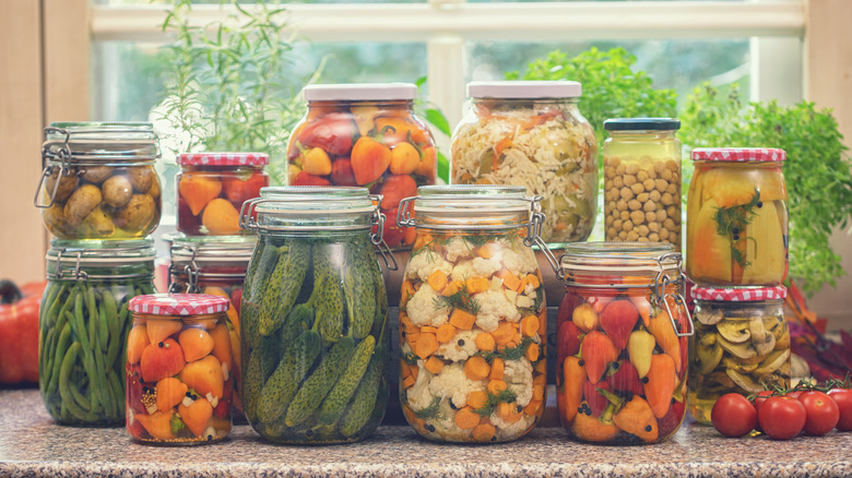 Jars of pickled vegetables