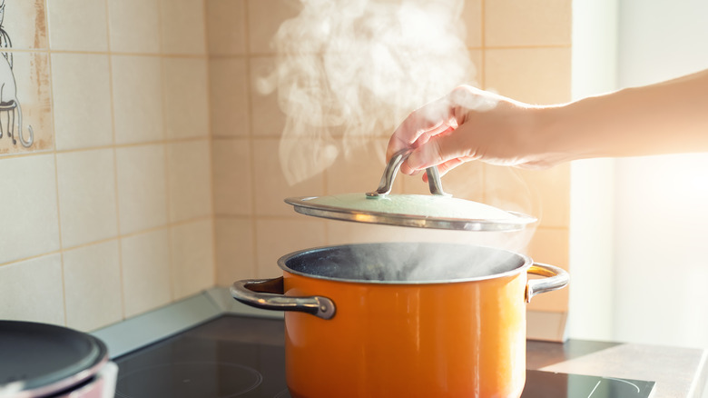 Lid being removed from pot