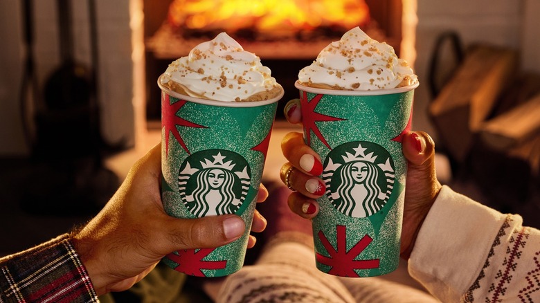 Chestnut Praline Lattes in front of fireplace