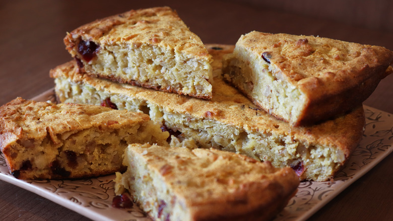 Corn pone slices on plate