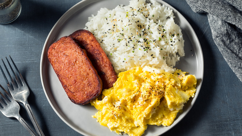 Hawaiian spam breakfast on plate