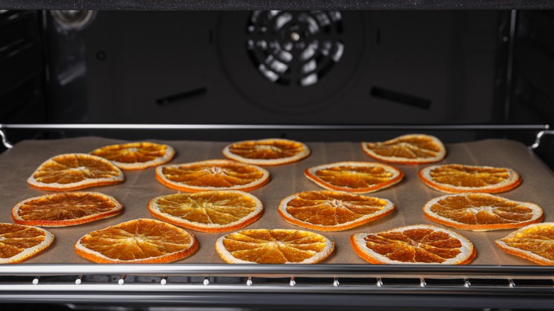 Pan of orange slices in oven