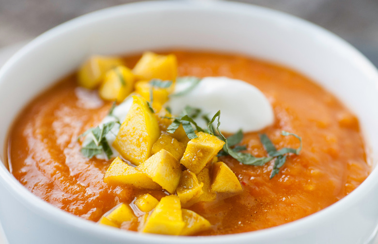 Acorn Squash Soup with Pistachios, Black Bread, and Apples