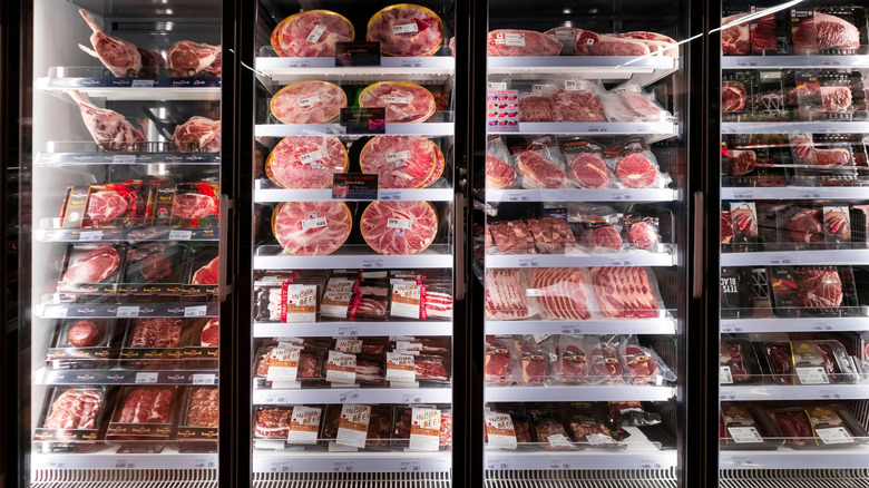 Meat in grocery store refrigerators