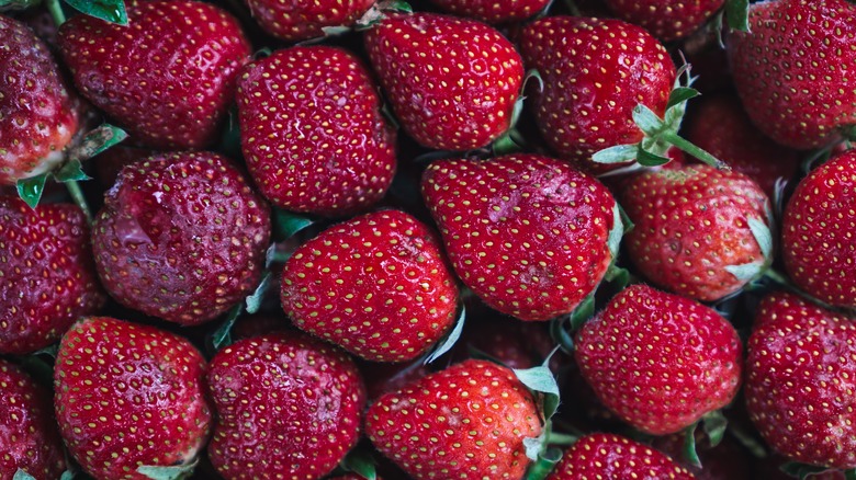 close up on overripe strawberries