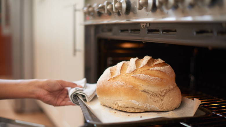 Bread on pan in oven