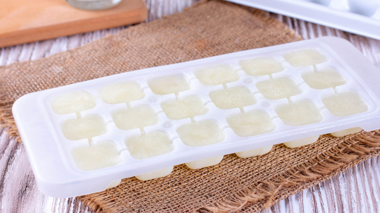 Filled white ice cube tray