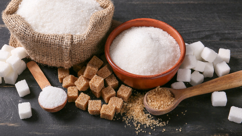 Bags of sugar on a table 