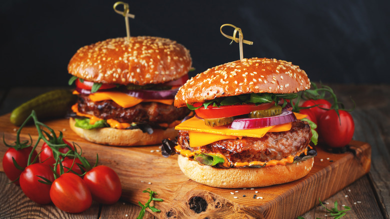 two homemade burgers