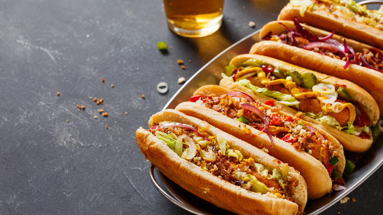 Hot dogs loaded with toppings