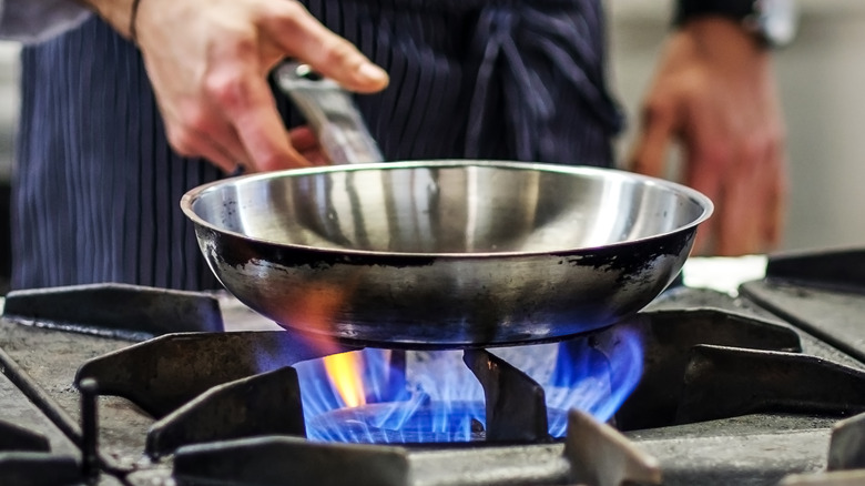 stainless steel pan on cooker